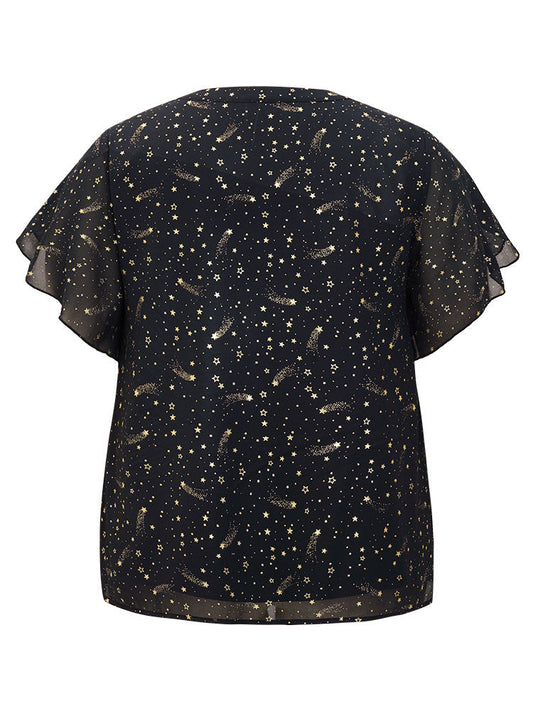 Glitter Star Print Notched Split Petal Sleeve Blouse