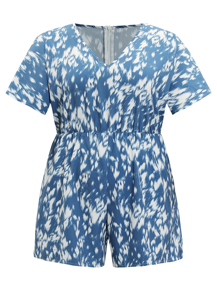 Batik Print Ruffle Sleeve Pocket Elastic Waist Jumpsuit