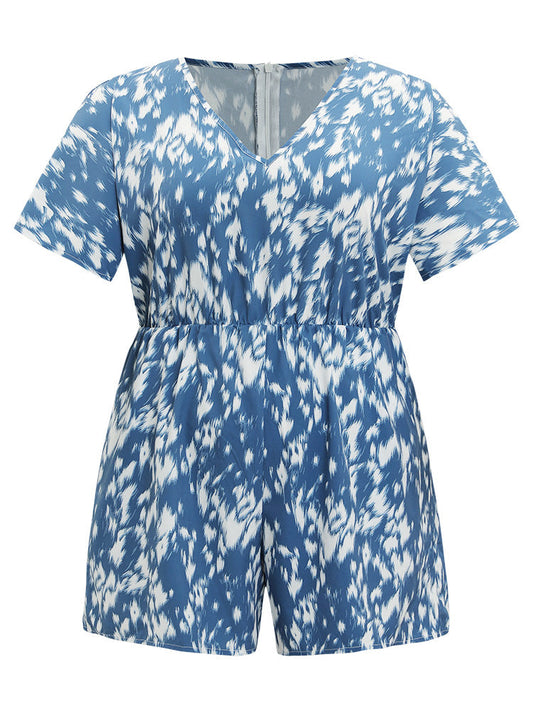 Batik Print Ruffle Sleeve Pocket Elastic Waist Jumpsuit
