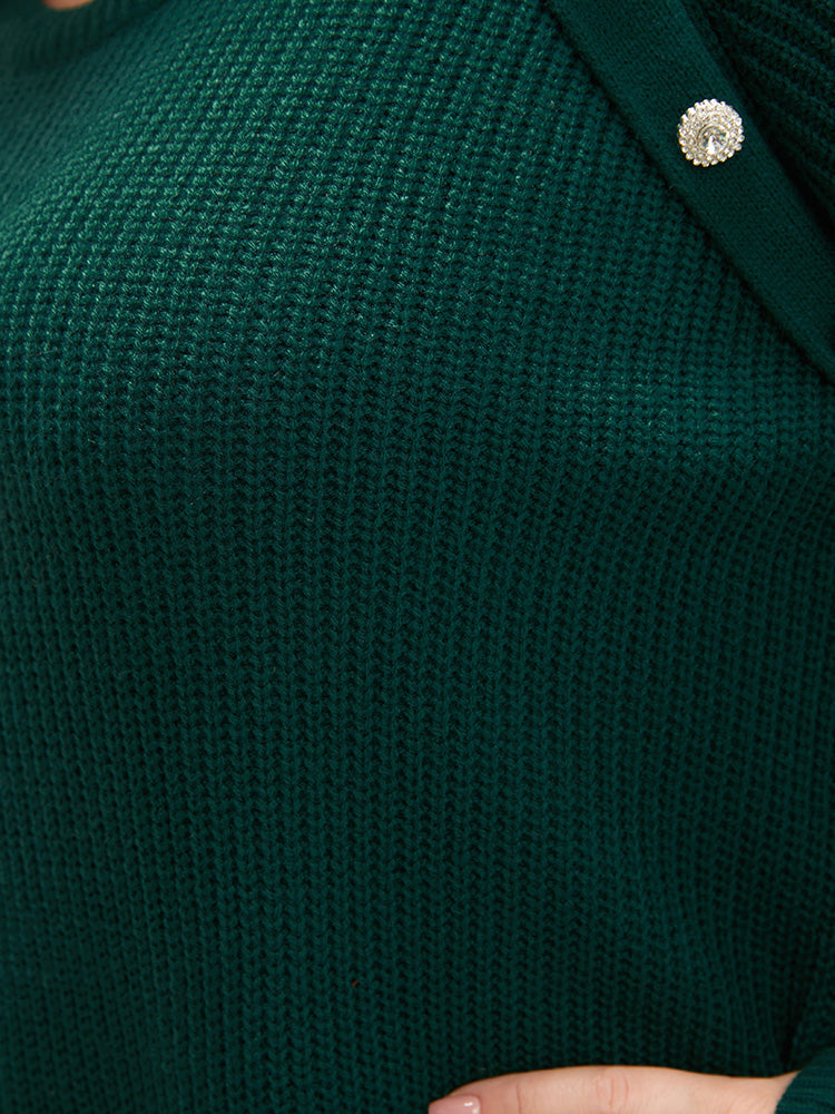 Solid Pointelle Knit Raglan Sleeve Button Detail Knit Top