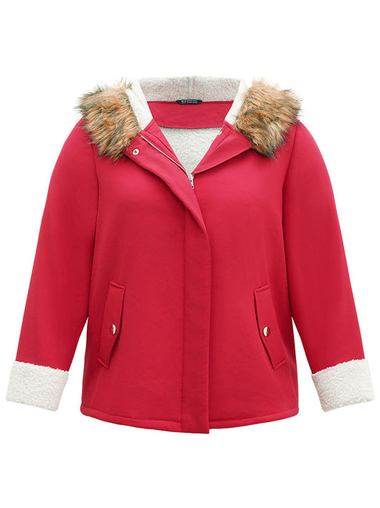 Patchwork Fuzzy Trim Pocket Hooded Jacket