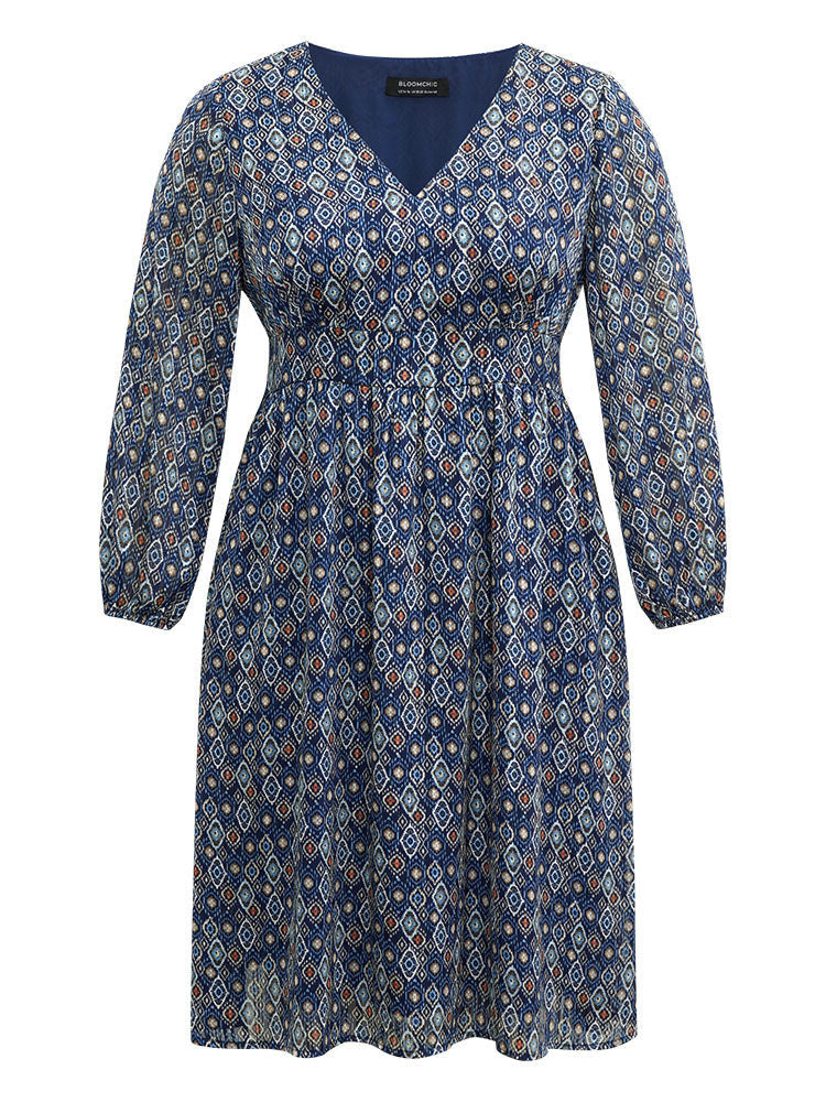 Boho Print Pocket Shirred Gathered Dress