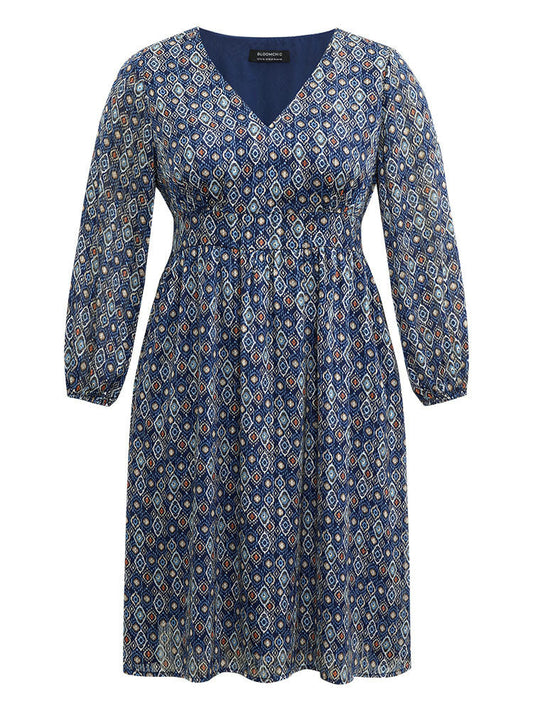 Boho Print Pocket Shirred Gathered Dress