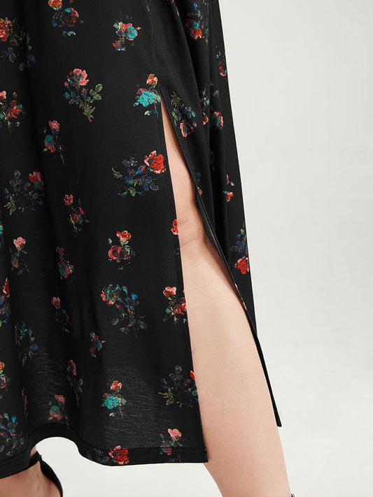 Ditsy Floral Button Up Pocket Split Hem Dress
