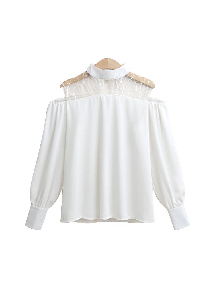 Mesh Patchwork Lantern Sleeve Blouse
