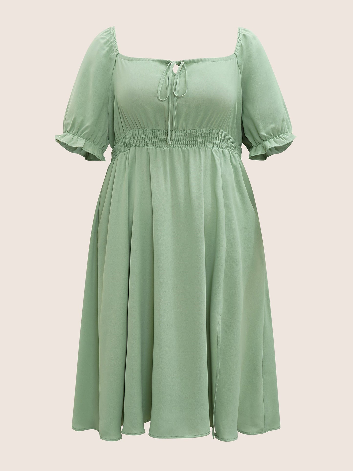 Plain Shirred Knot Neck Gathered Slit Hem Dress