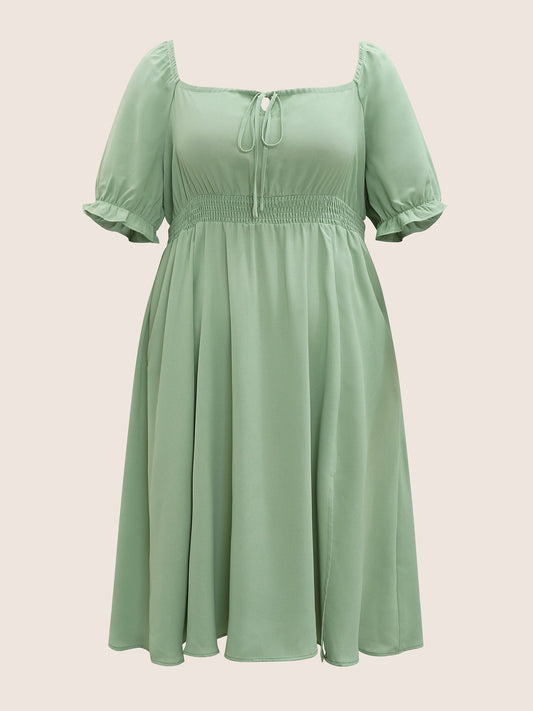 Plain Shirred Knot Neck Gathered Slit Hem Dress