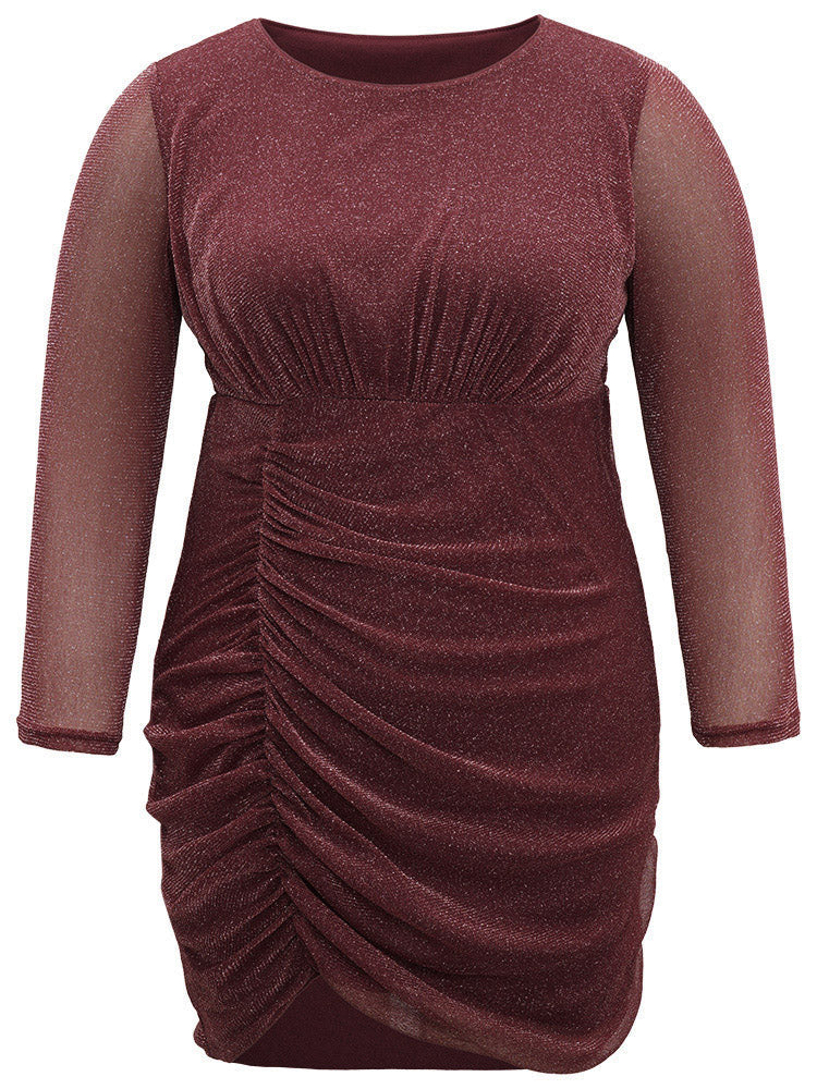 Lurex Glitter Crew Neck Mesh Patchwork Gathered Dress