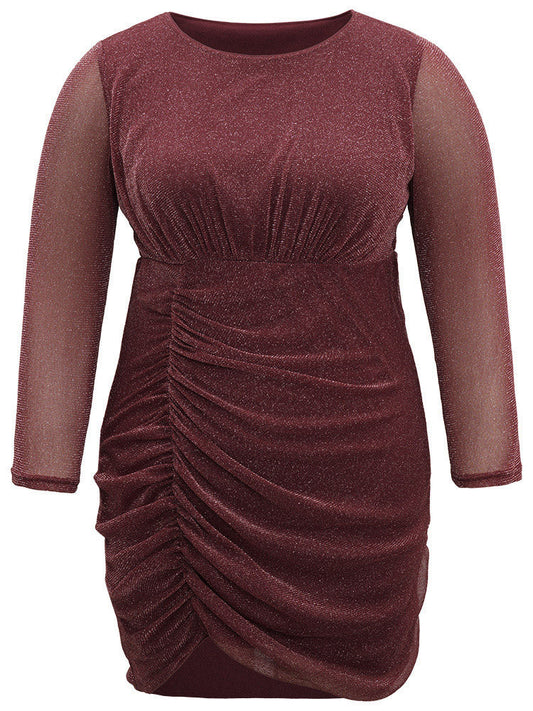 Lurex Glitter Crew Neck Mesh Patchwork Gathered Dress