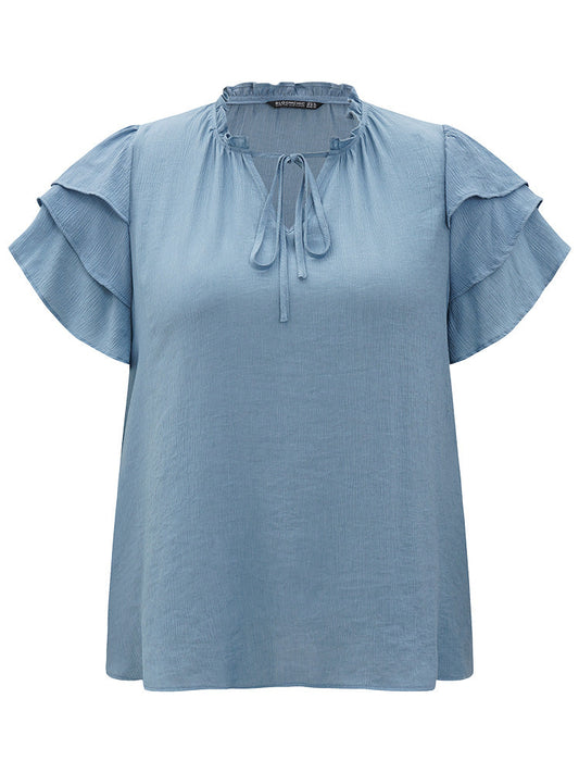 Plain Knot Neck Stand Collar Ruffle Layered Sleeve Blouse