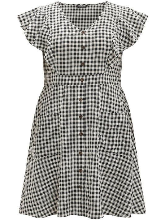 Gingham Button Detail Pocket Ruffle Cap Sleeve Dress