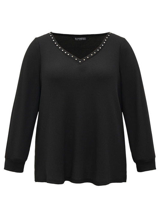 Plain Rivets V Neck Elastic Cuffs Sweatshirt