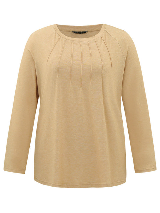 Solid Pleated Raglan Sleeve Crew Neck T-shirt