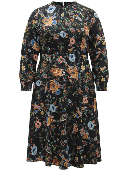 Floral Print Shirred Gathered Stand Collar Dress