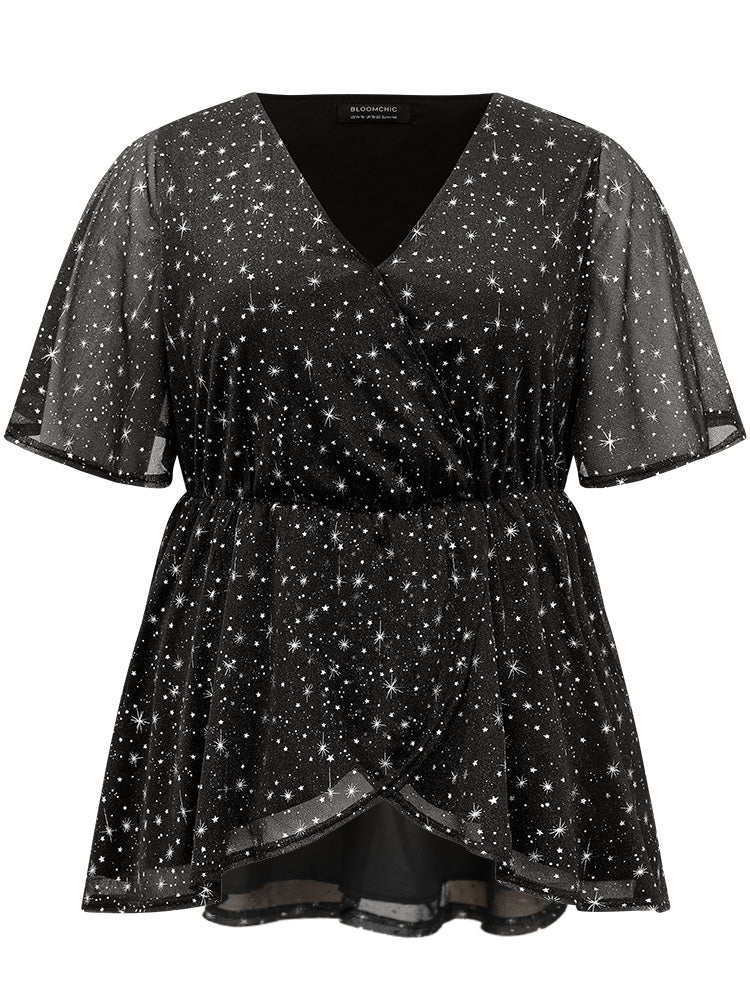 Halloween Star Glitter Wrap Mesh Flutter Sleeve Blouse