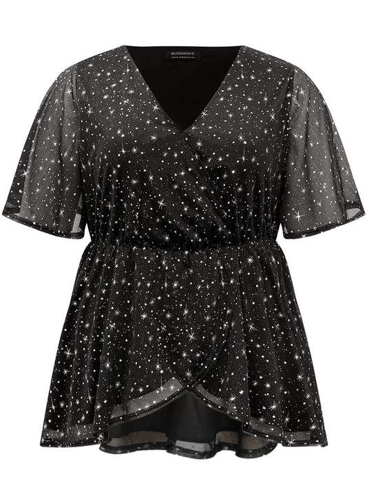 Halloween Star Glitter Wrap Mesh Flutter Sleeve Blouse