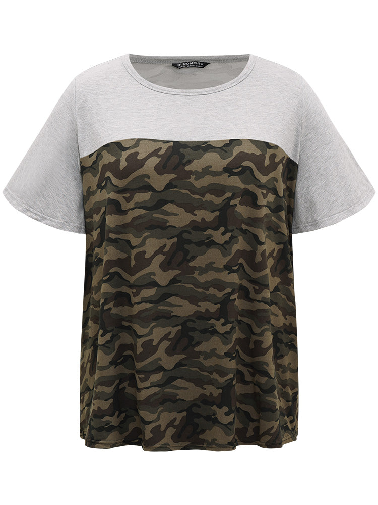 Camo Patchwork Round Neck Ruffle Sleeve T-shirt