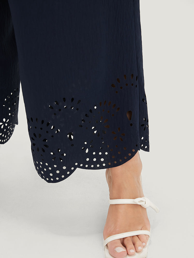 Solid Surplice Neck Shirred Laser Cut Jumpsuit