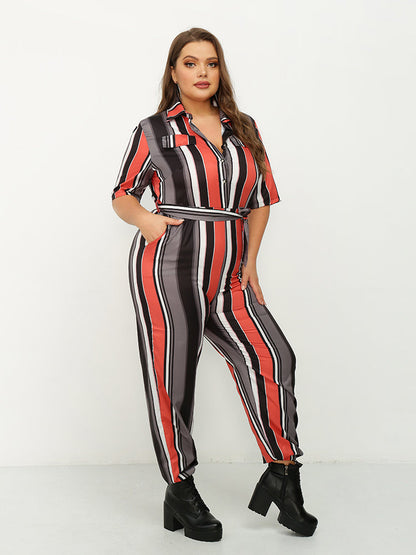 Color Striped Lapels Jumpsuit