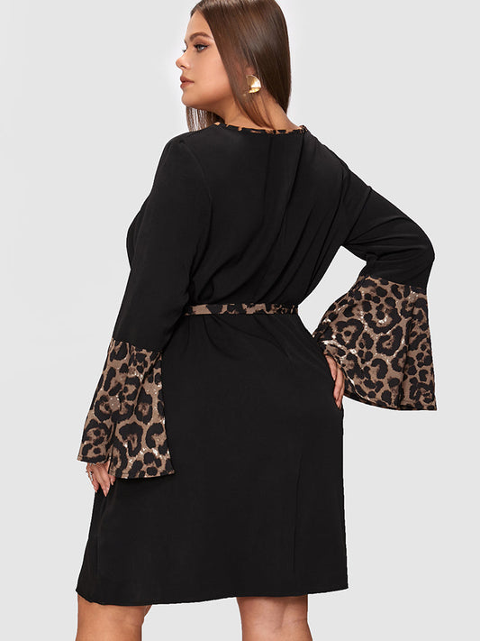 Leopard Patched Bell Sleeve Dress