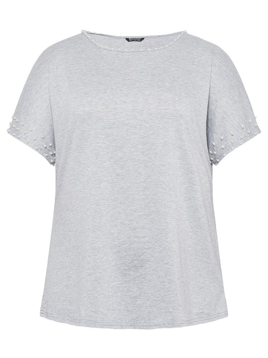 Plain Heather Pearl Beaded Crew Neck T-shirt