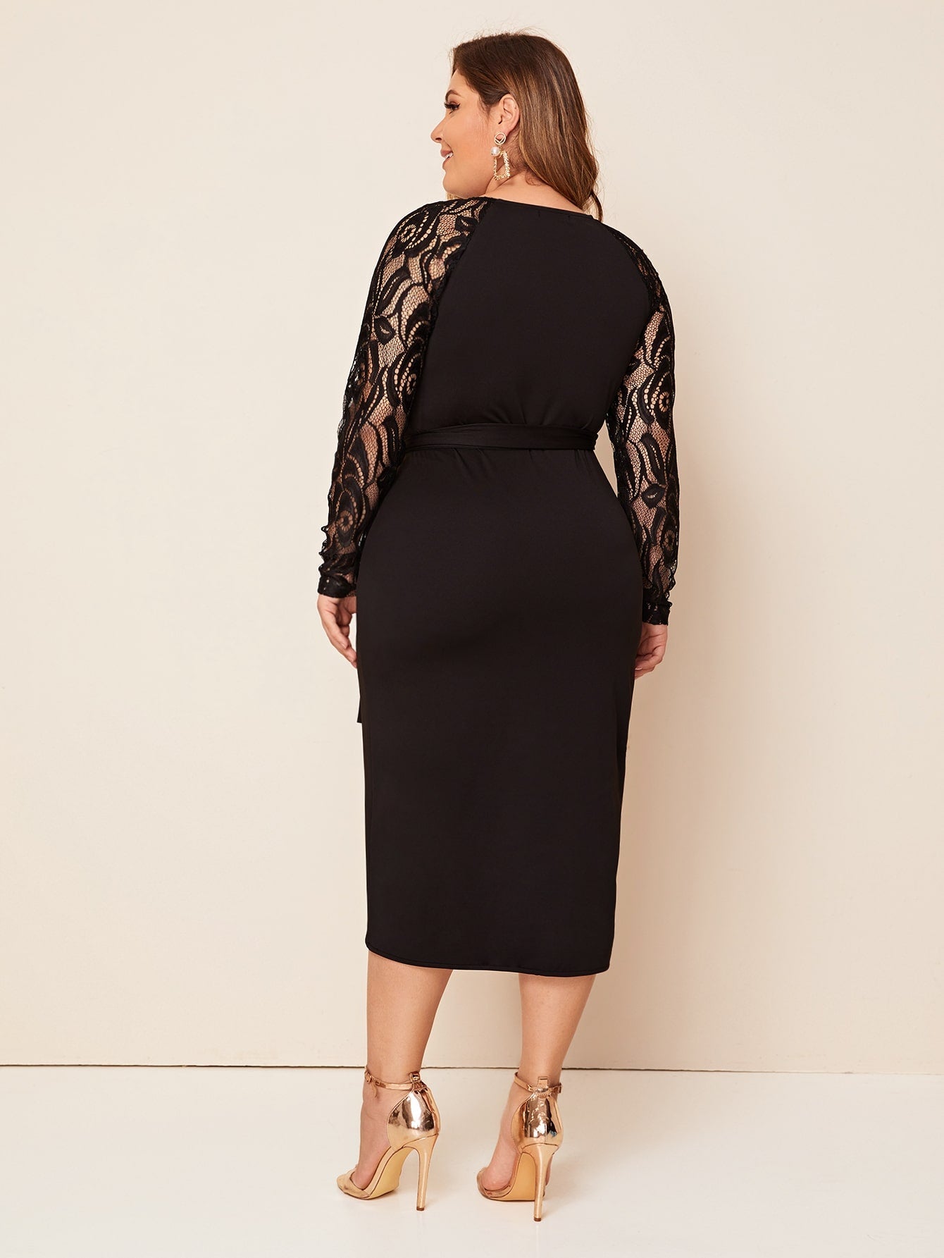 Lace Sleeve Self Belted Wrap Dress