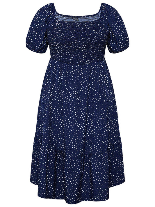 Polka Dot Shirred Pocket Square Neck Puff Sleeve Dress