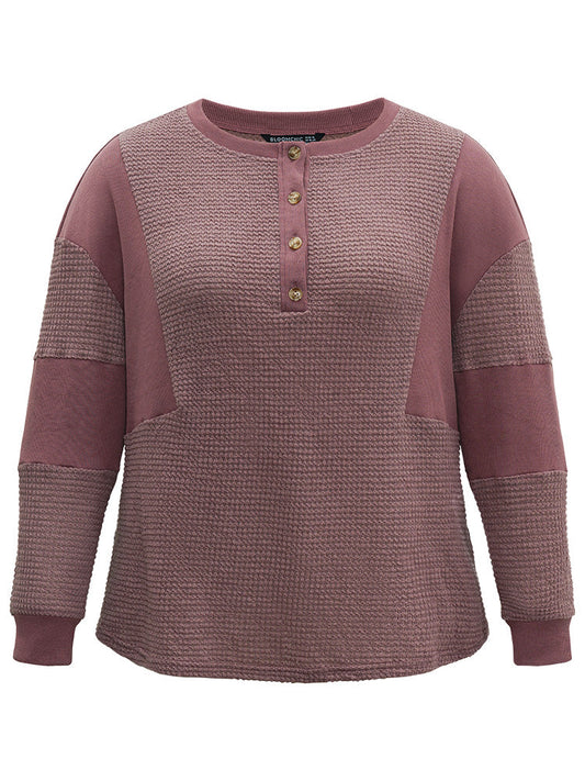 Waffle Knit Patchwork Rib Knit Button Down Sweatshirt