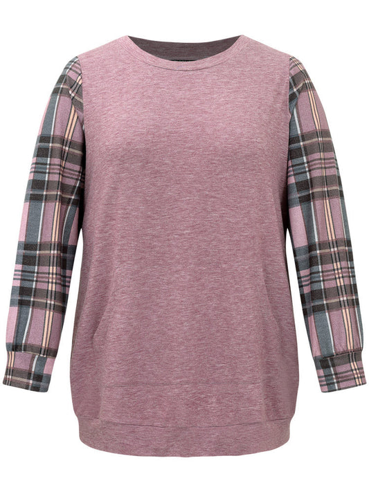 Plaid Print Patchwork Kangaroo Pocket Sweatshirt