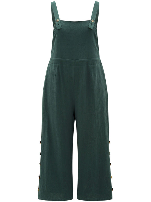 Solid Button Detail Pocket Adjustable Straps Cami Jumpsuit