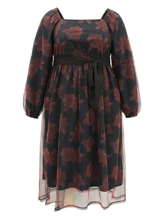 Floral Mesh Belted Gathered Lantern Sleeve Dress