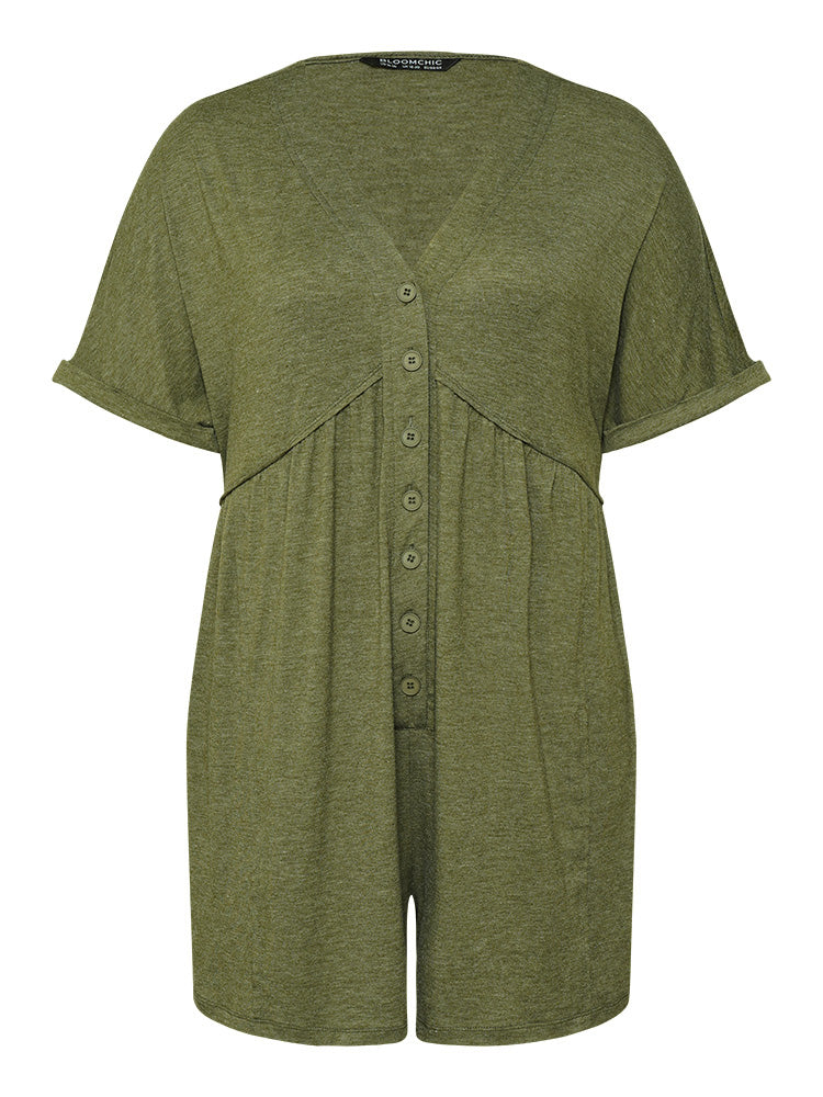 Solid Button Through Pocket Cuffed Batwing Sleeve Romper