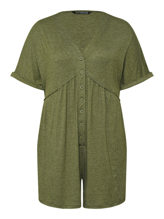 Solid Button Through Pocket Cuffed Batwing Sleeve Romper