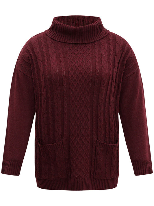 Cable Knit Patched Pocket Turtle Neck Pullover