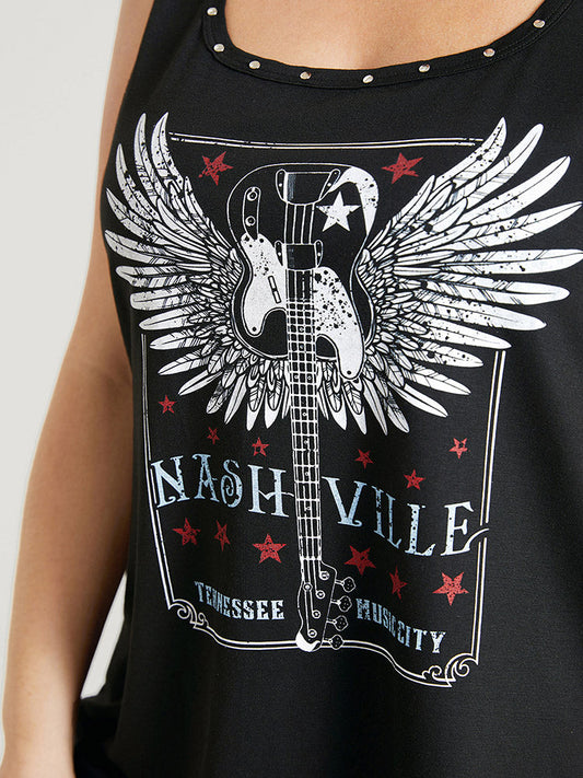 Guitar & Wings Print Rivet Graphic Tank Top