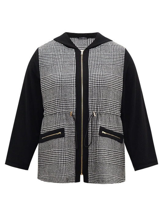 Houndstooth Patchwork Zipper Drawstring Coat