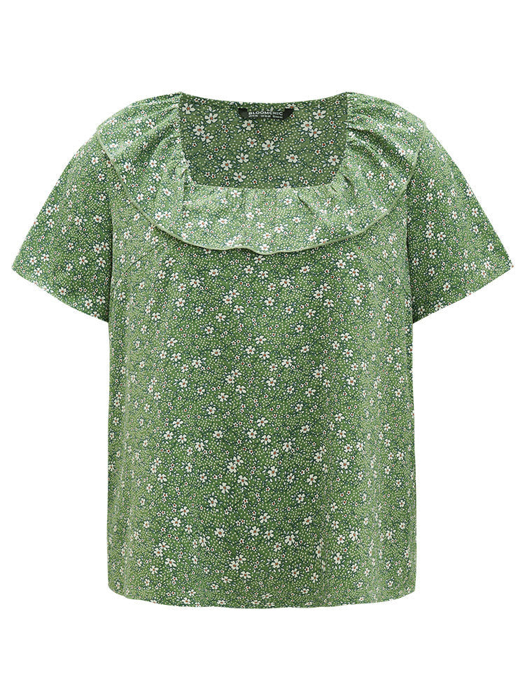 Ditsy Floral Square Neck Flutter Trim Blouse