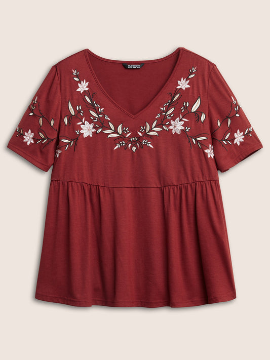 Floral Embroidered V Neck Gathered T-shirt