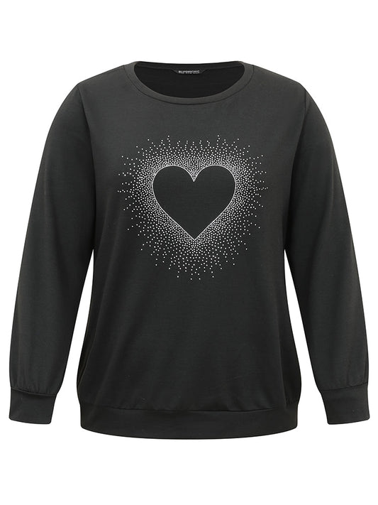 Heart Rhinestone Round Neck Sweatshirt