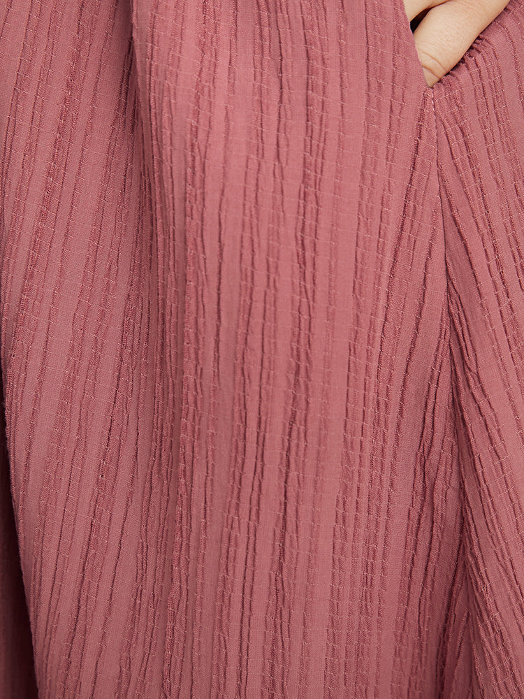 Solid Textured Button Detail Pocket Belted Shirt Collar Dress