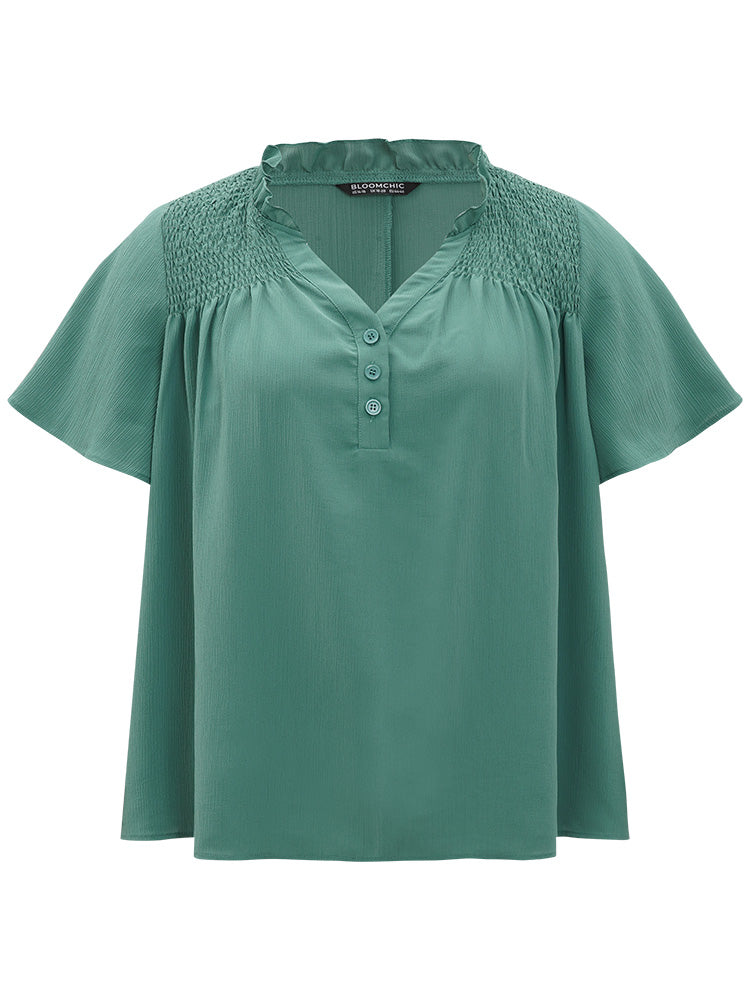 Plain Shirred Button Through Frill Trim Stand Collar Blouse