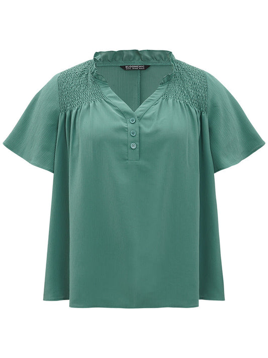 Plain Shirred Button Through Frill Trim Stand Collar Blouse