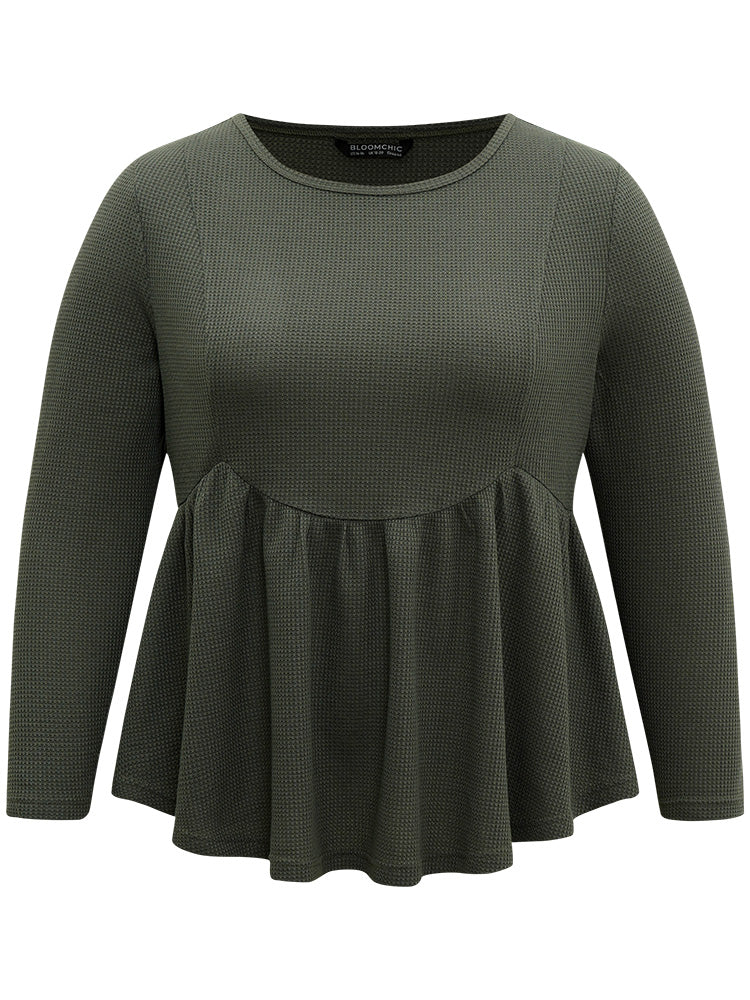 Plain Round Neck Waffle Knit Gathered T-shirt