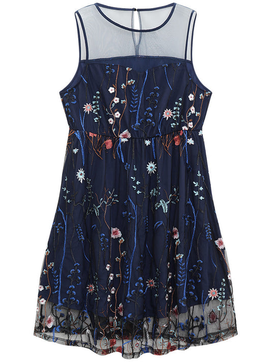 Plants Embroidered Mesh Patchwork Tank Dress