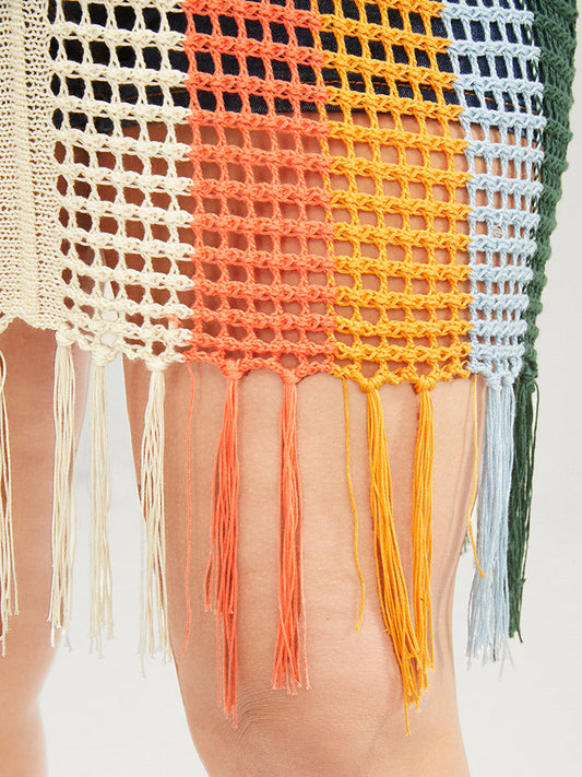 Colorblock Contrast Dolman Sleeve Cut Out Tassels Hem Knit Top