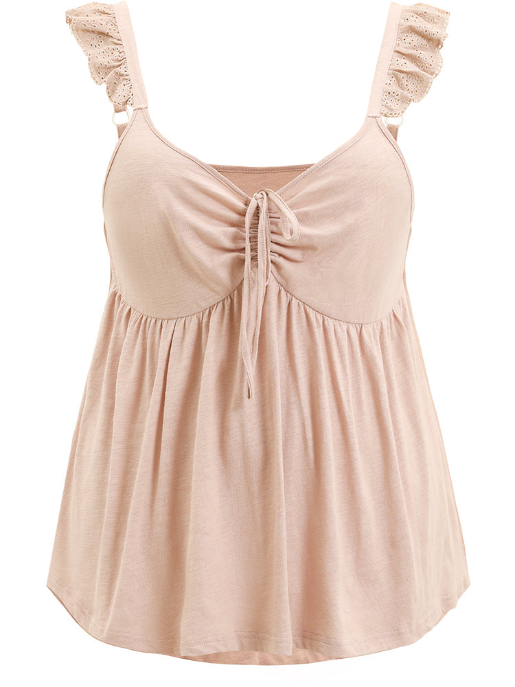 Solid Ruffles Drawstring Lace Trim Babydoll Cami Top