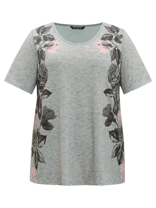 Floral Print Contrast Crew Neck T-shirt