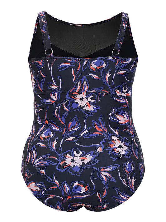 Floral Print Ruched Mesh Insert One Piece Swimsuit