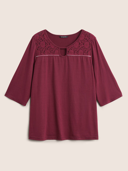 Lace Patchwork Keyhole Rhinestone Detail T-shirt
