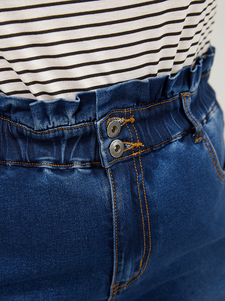 Very Stretchy High Rise Medium Wash Paperbag Waist Denim Shorts